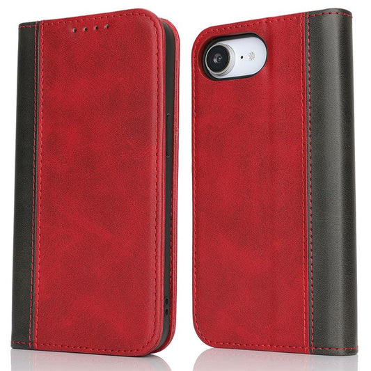 For iPhone 16e Case Calf Texture 3 Card Slots Color Splicing Leather Phone Cover - Red + Black