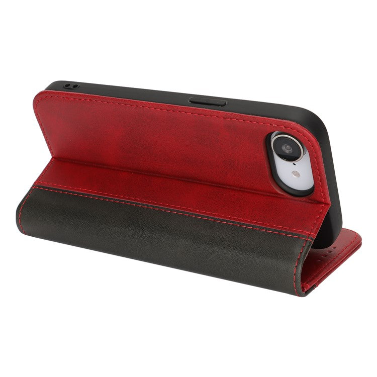 For iPhone 16e Case Calf Texture 3 Card Slots Color Splicing Leather Phone Cover - Red + Black