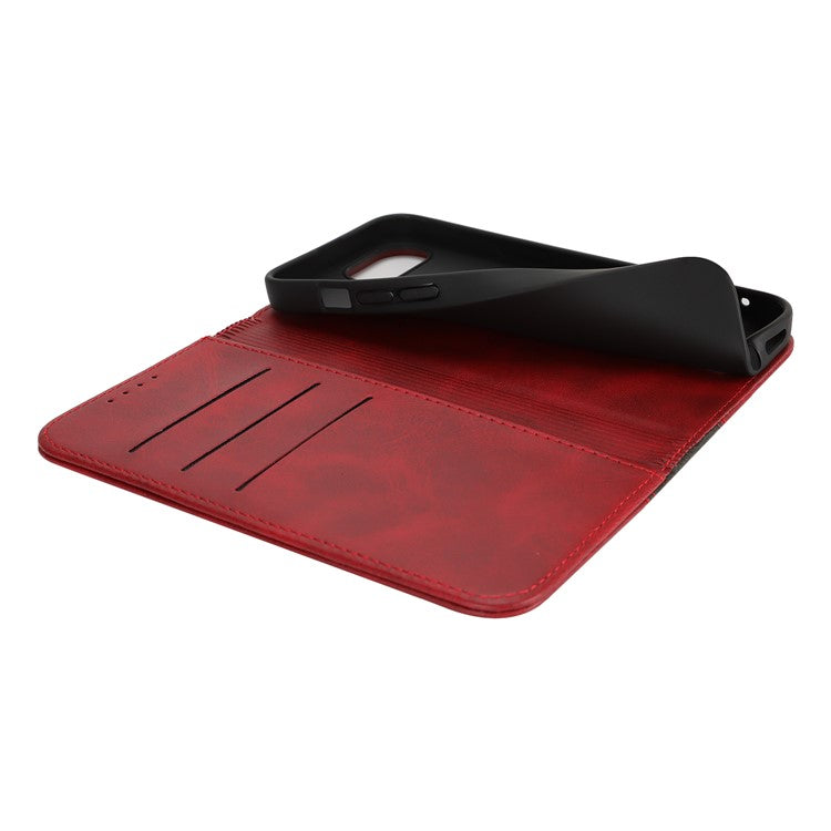 For iPhone 16e Case Calf Texture 3 Card Slots Color Splicing Leather Phone Cover - Red + Black