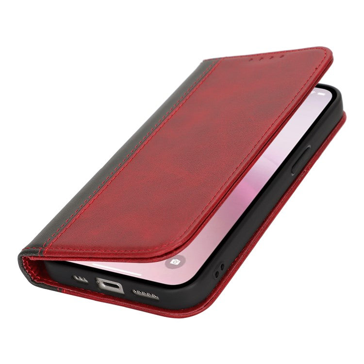 For iPhone 16e Case Calf Texture 3 Card Slots Color Splicing Leather Phone Cover - Red + Black