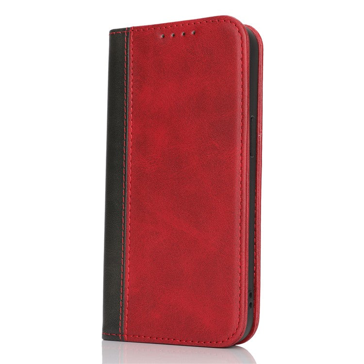 For iPhone 16e Case Calf Texture 3 Card Slots Color Splicing Leather Phone Cover - Red + Black
