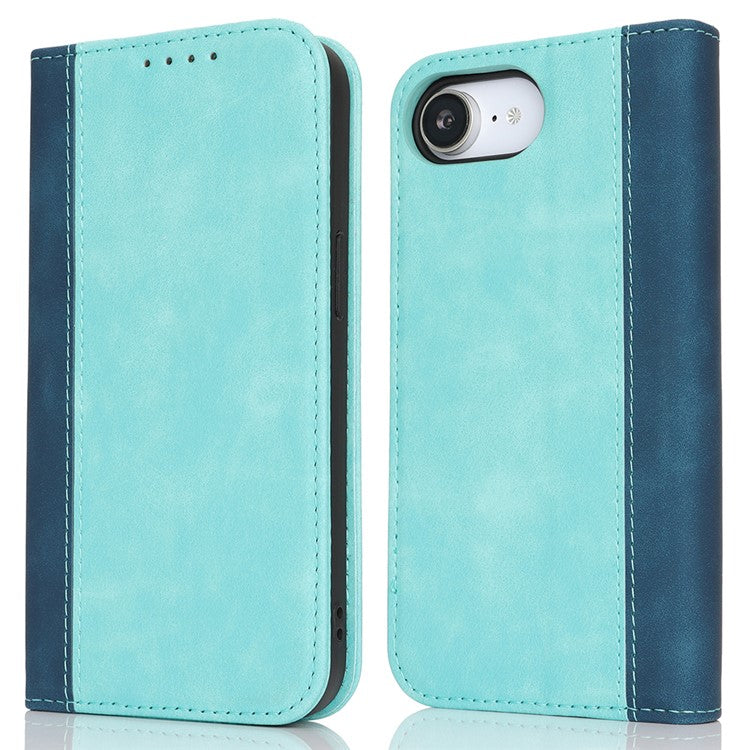 For iPhone 16e Case Calf Texture 3 Card Slots Color Splicing Leather Phone Cover - Light Blue + Dark Blue