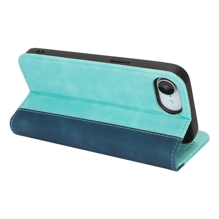 For iPhone 16e Case Calf Texture 3 Card Slots Color Splicing Leather Phone Cover - Light Blue + Dark Blue