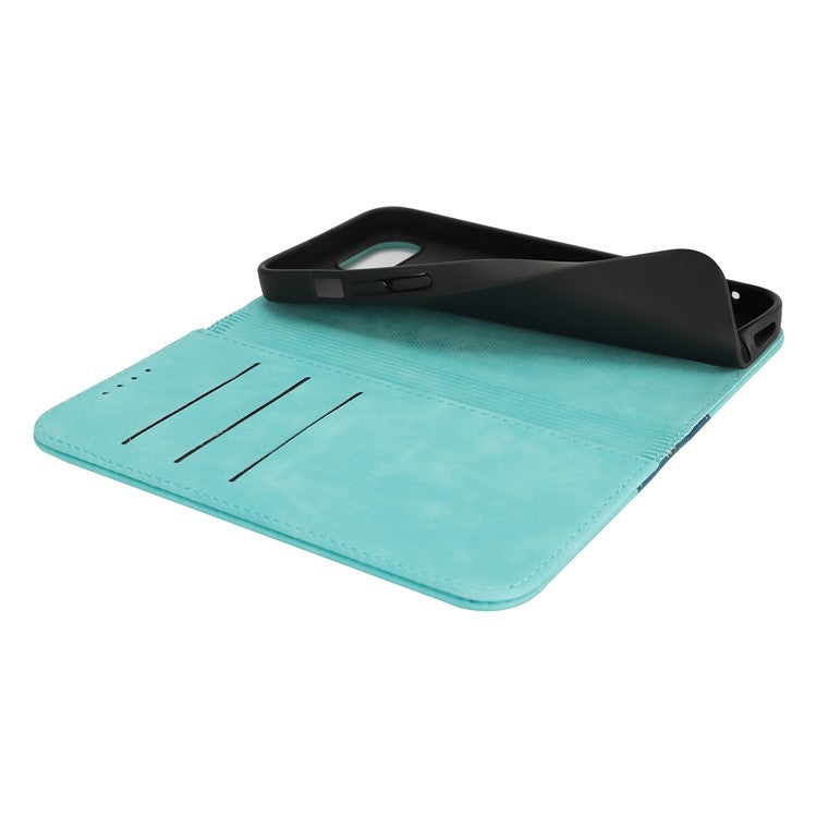 For iPhone 16e Case Calf Texture 3 Card Slots Color Splicing Leather Phone Cover - Light Blue + Dark Blue