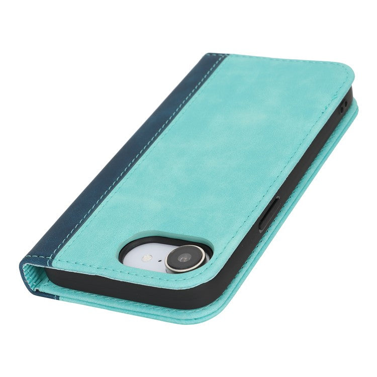 For iPhone 16e Case Calf Texture 3 Card Slots Color Splicing Leather Phone Cover - Light Blue + Dark Blue