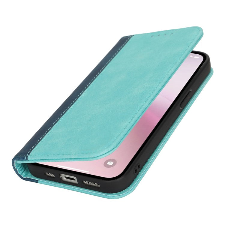 For iPhone 16e Case Calf Texture 3 Card Slots Color Splicing Leather Phone Cover - Light Blue + Dark Blue