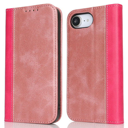 For iPhone 16e Case Calf Texture 3 Card Slots Color Splicing Leather Phone Cover - Rose Gold + Rose