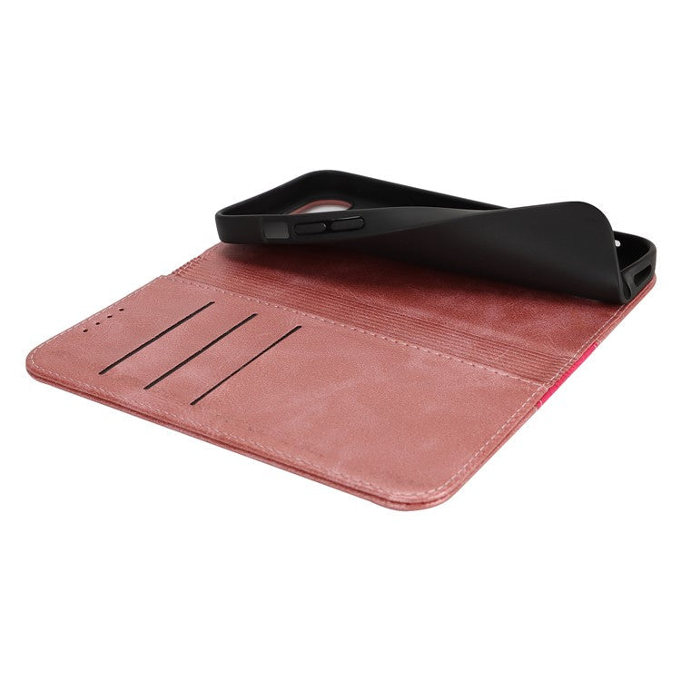 For iPhone 16e Case Calf Texture 3 Card Slots Color Splicing Leather Phone Cover - Rose Gold + Rose