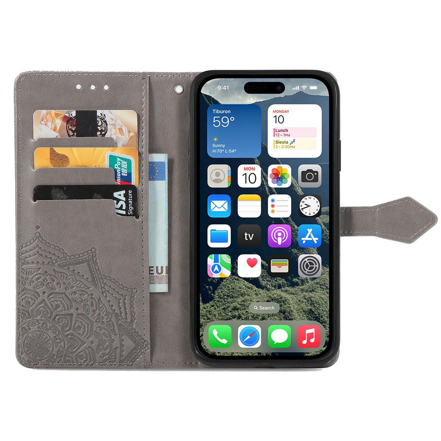 For iPhone 16e Wallet Case Mandala Flower Leather Phone Cover Stand - Grey