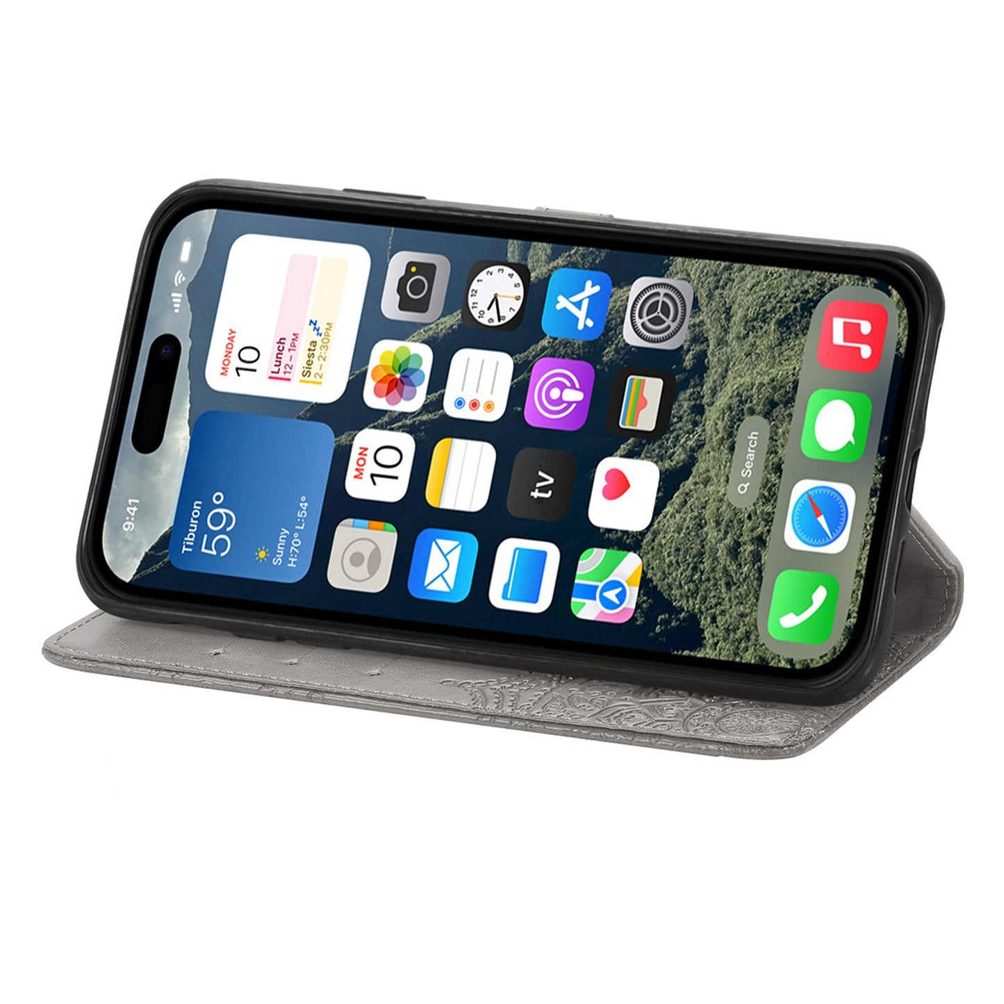 For iPhone 16e Wallet Case Mandala Flower Leather Phone Cover Stand - Grey