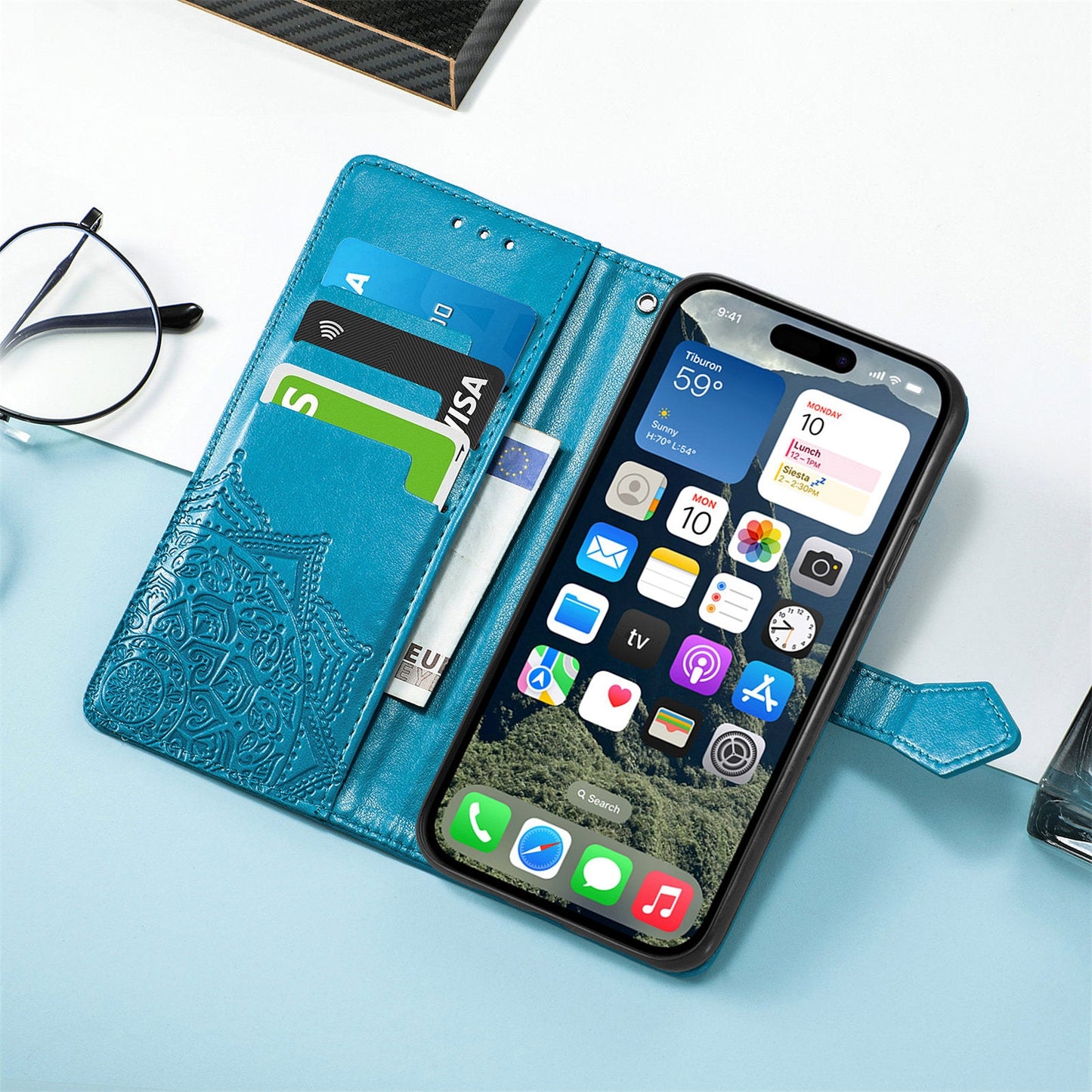 For iPhone 16e Wallet Case Mandala Flower Leather Phone Cover Stand - Blue