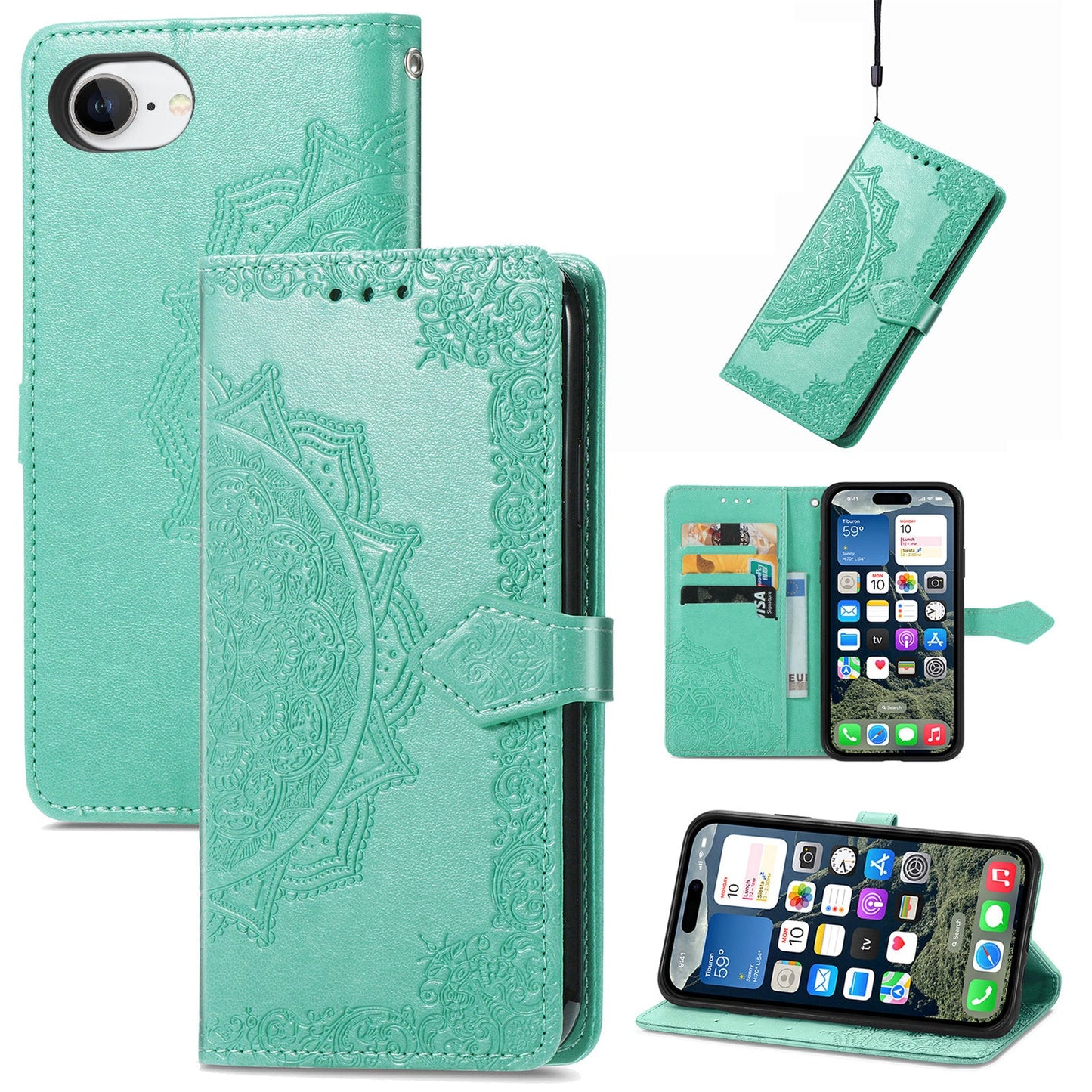 For iPhone 16e Wallet Case Mandala Flower Leather Phone Cover Stand - Green