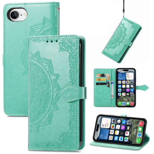 For iPhone 16e Wallet Case Mandala Flower Leather Phone Cover Stand - Green