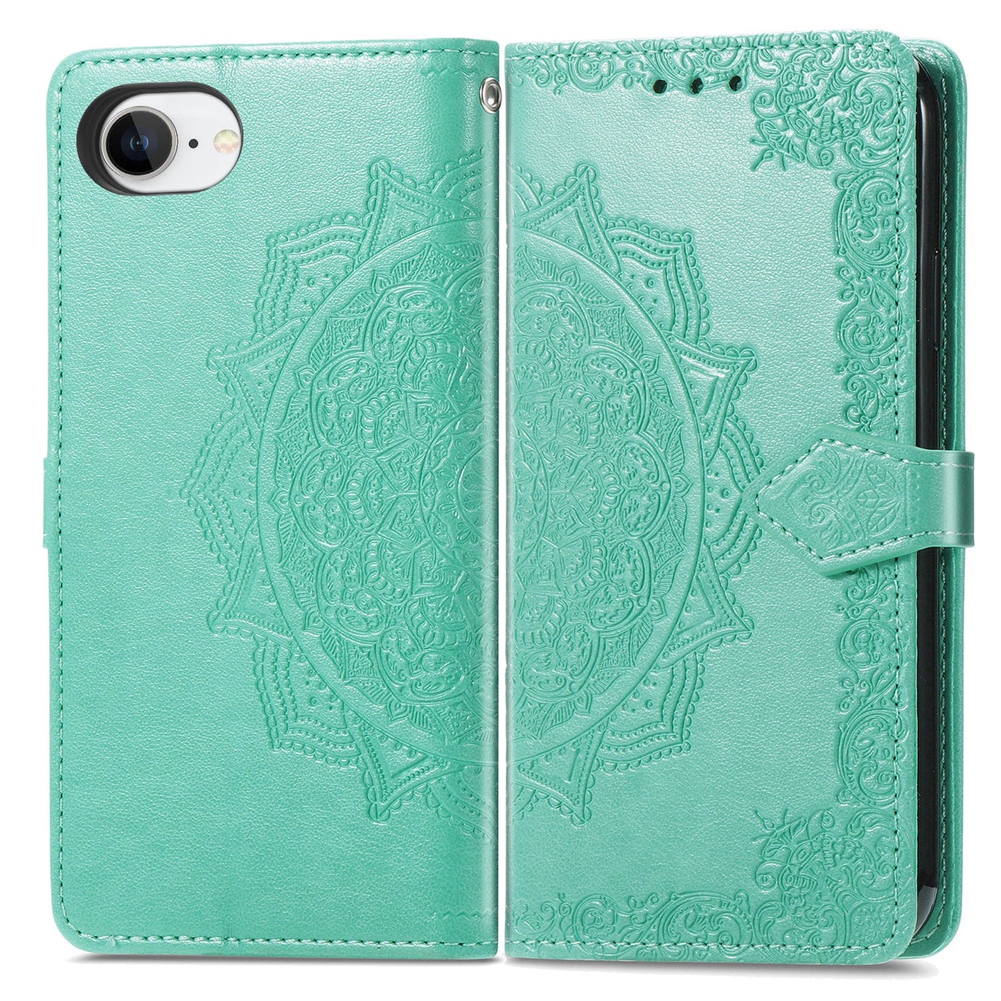 For iPhone 16e Wallet Case Mandala Flower Leather Phone Cover Stand - Green