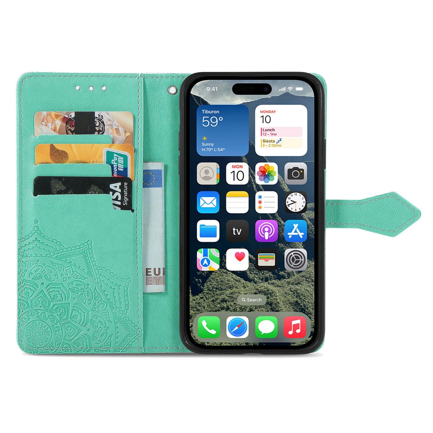 For iPhone 16e Wallet Case Mandala Flower Leather Phone Cover Stand - Green
