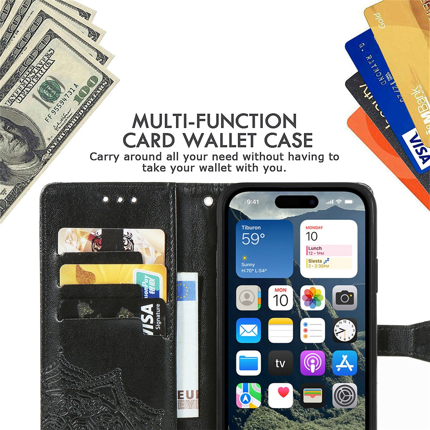 For iPhone 16e Wallet Case Mandala Flower Leather Phone Cover Stand - Black