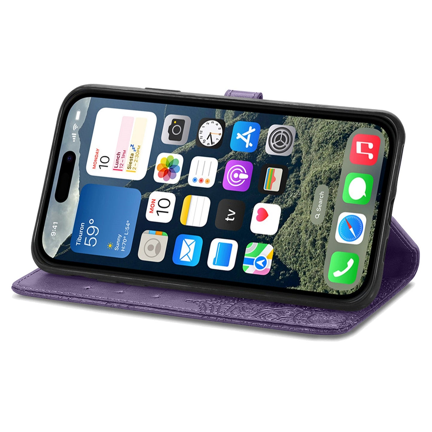 For iPhone 16e Wallet Case Mandala Flower Leather Phone Cover Stand - Purple