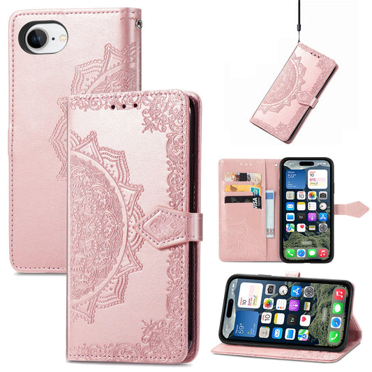 For iPhone 16e Wallet Case Mandala Flower Leather Phone Cover Stand - Rose Gold