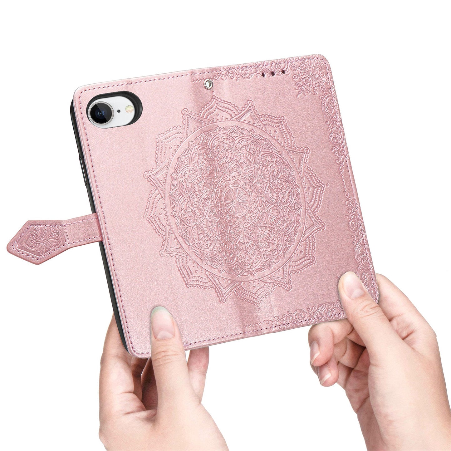 For iPhone 16e Wallet Case Mandala Flower Leather Phone Cover Stand - Rose Gold
