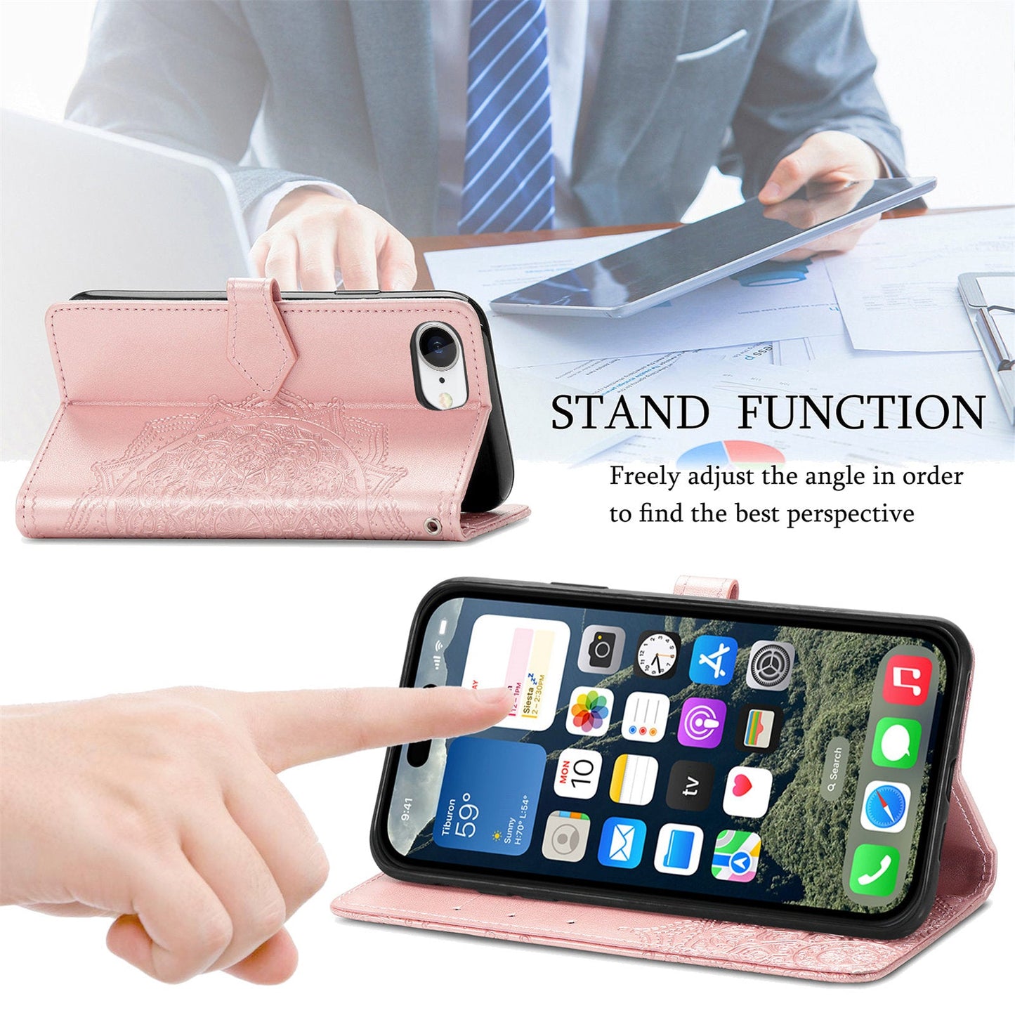 For iPhone 16e Wallet Case Mandala Flower Leather Phone Cover Stand - Rose Gold