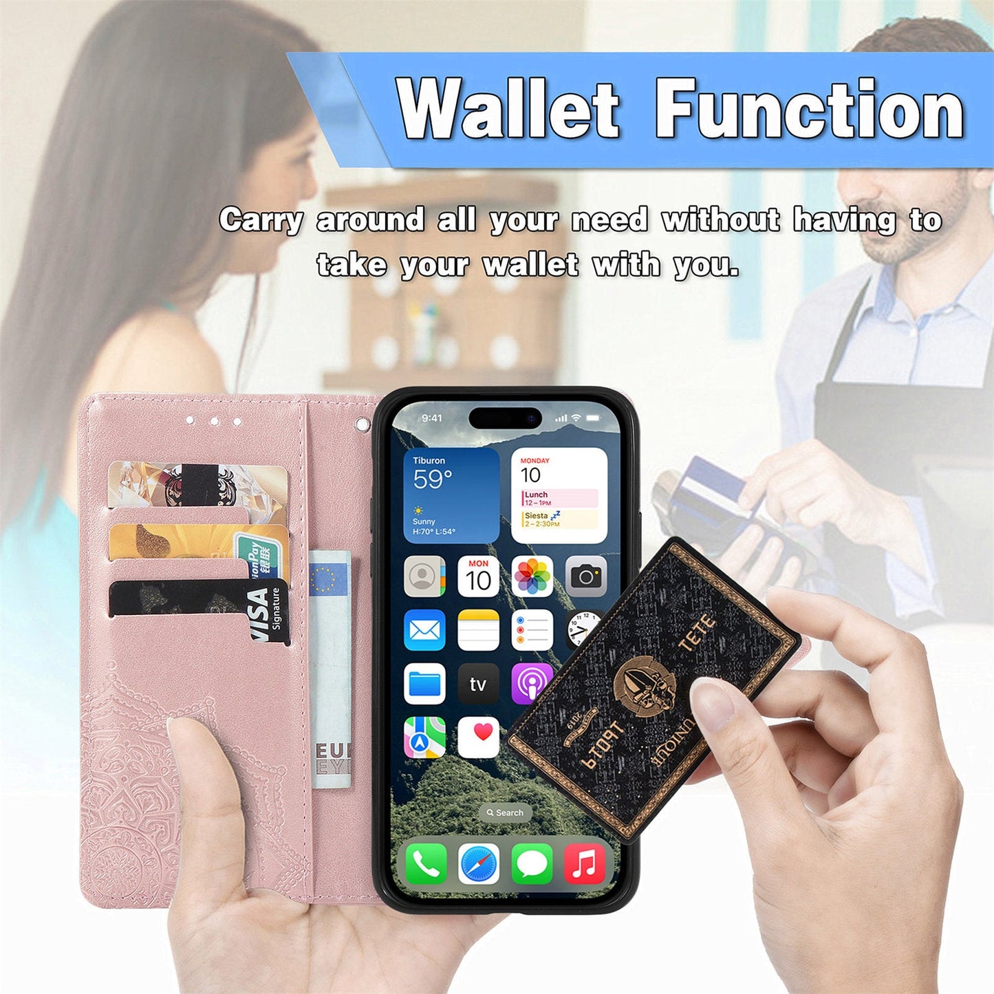 For iPhone 16e Wallet Case Mandala Flower Leather Phone Cover Stand - Rose Gold