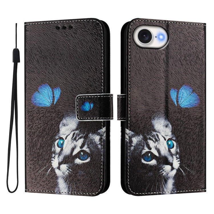 ENKAY Hat-Prince For iPhone 16e Leather Case Pattern Printing Card Slot Stand Phone Cover with Lanyard - Cat