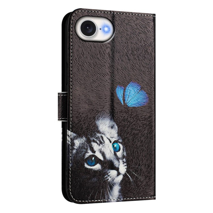 ENKAY Hat-Prince For iPhone 16e Leather Case Pattern Printing Card Slot Stand Phone Cover with Lanyard - Cat