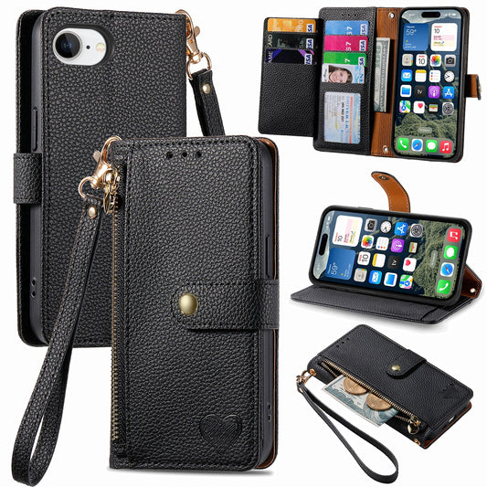 For iPhone 16e Case RFID Blocking Zipper Pocket Leather Wallet Phone Cover - Black