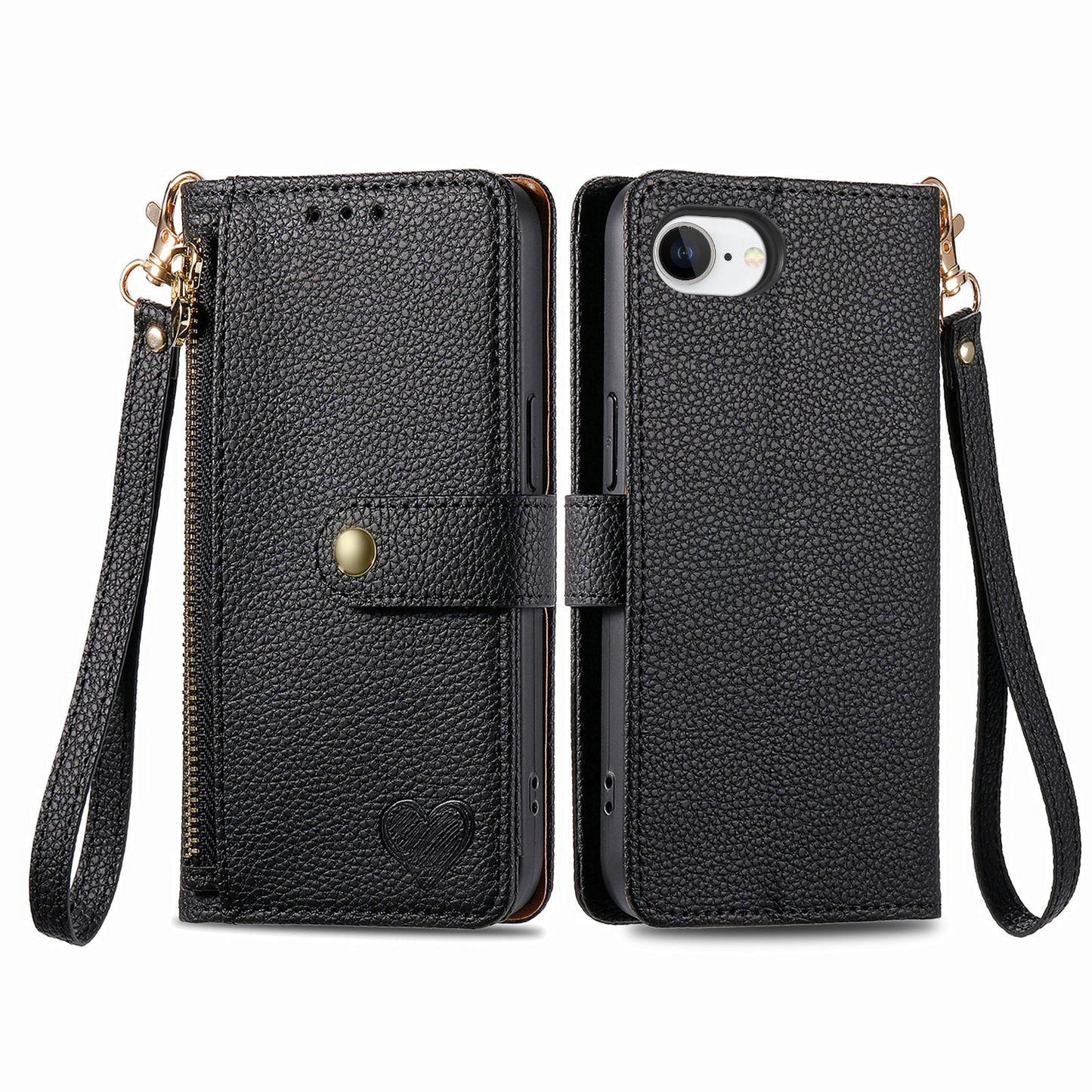 For iPhone 16e Case RFID Blocking Zipper Pocket Leather Wallet Phone Cover - Black