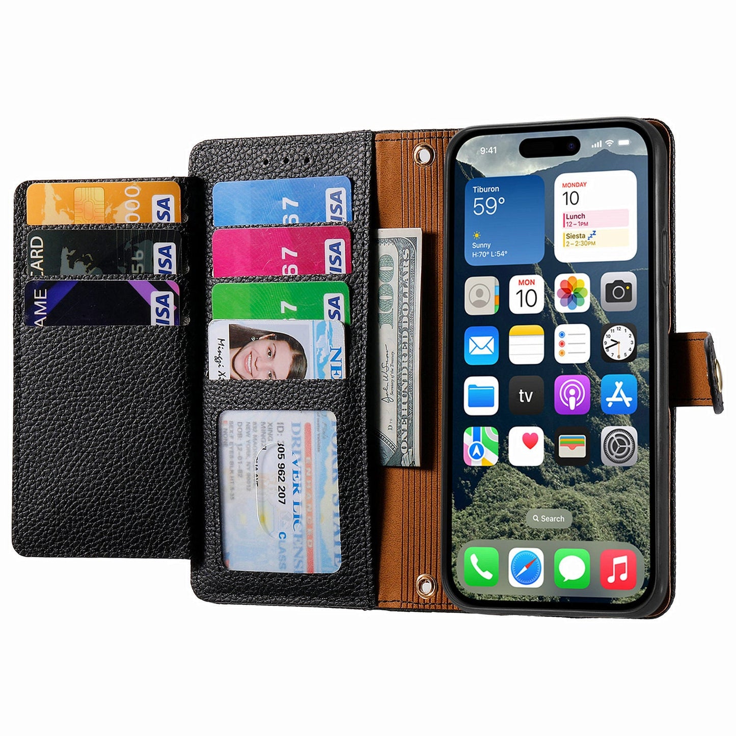 For iPhone 16e Case RFID Blocking Zipper Pocket Leather Wallet Phone Cover - Black