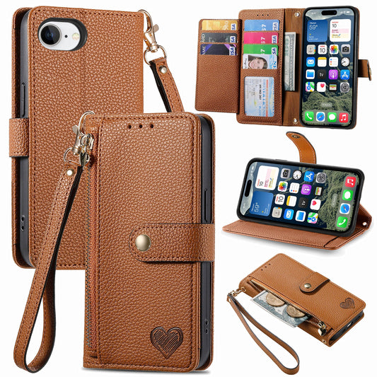 For iPhone 16e Case RFID Blocking Zipper Pocket Leather Wallet Phone Cover - Brown