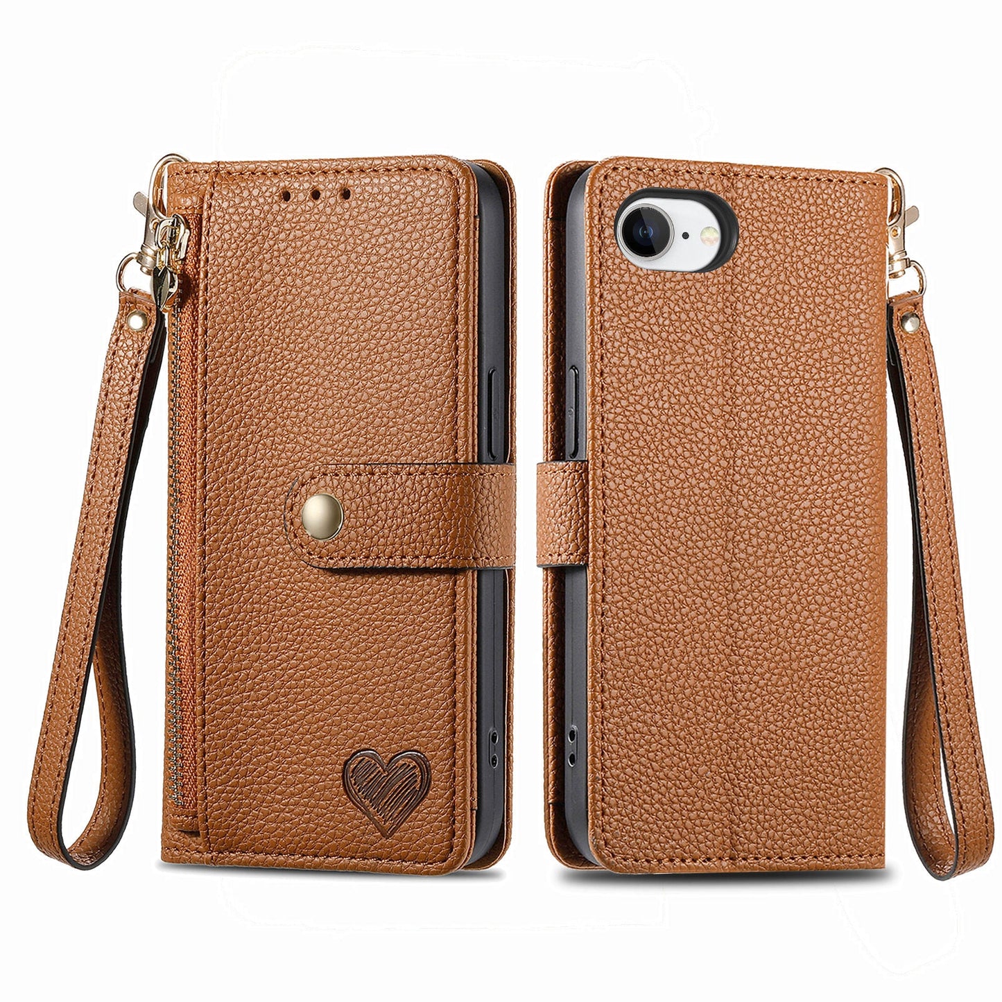 For iPhone 16e Case RFID Blocking Zipper Pocket Leather Wallet Phone Cover - Brown