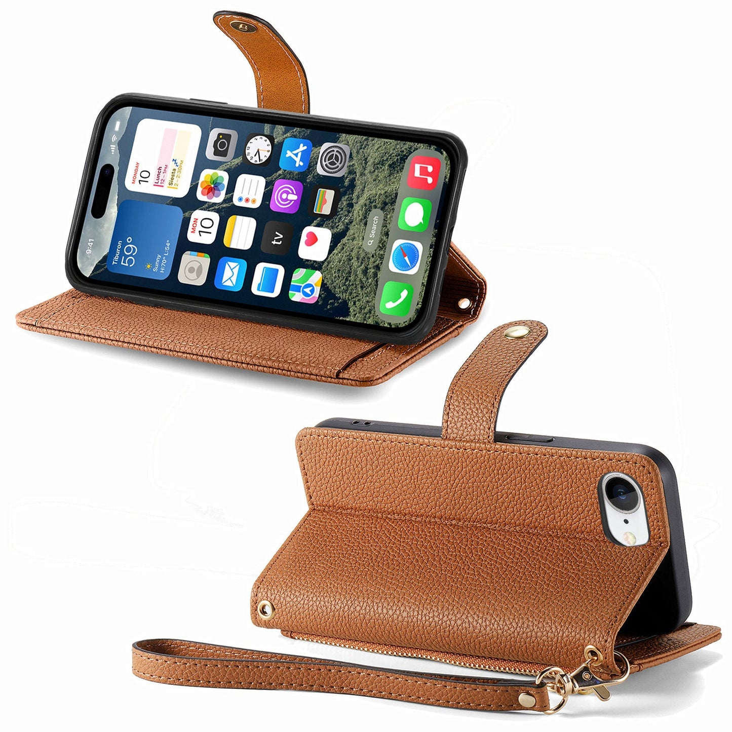 For iPhone 16e Case RFID Blocking Zipper Pocket Leather Wallet Phone Cover - Brown