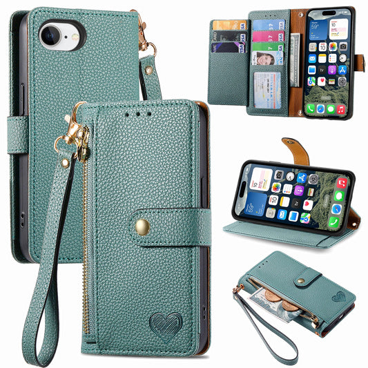 For iPhone 16e Case RFID Blocking Zipper Pocket Leather Wallet Phone Cover - Green