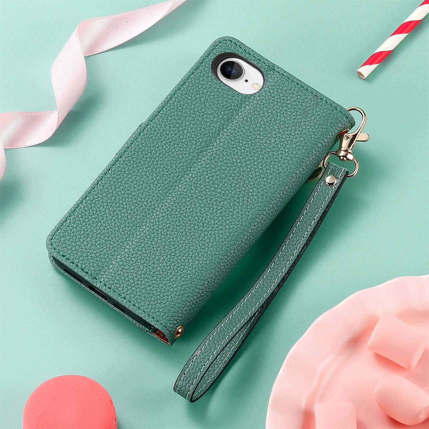 For iPhone 16e Case RFID Blocking Zipper Pocket Leather Wallet Phone Cover - Green