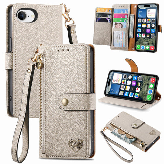 For iPhone 16e Case RFID Blocking Zipper Pocket Leather Wallet Phone Cover - Grey
