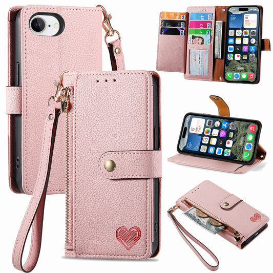 For iPhone 16e Case RFID Blocking Zipper Pocket Leather Wallet Phone Cover - Pink