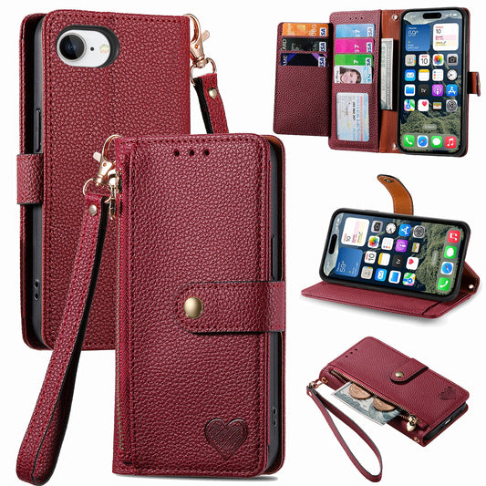 For iPhone 16e Case RFID Blocking Zipper Pocket Leather Wallet Phone Cover - Red