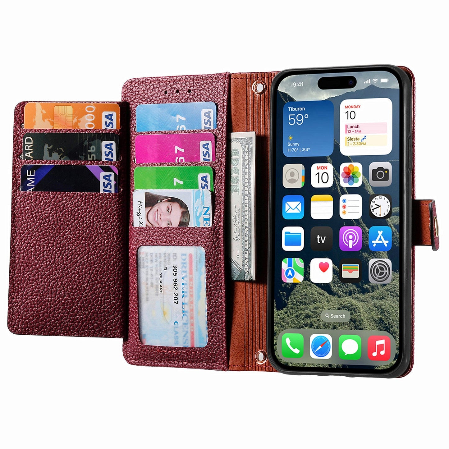 For iPhone 16e Case RFID Blocking Zipper Pocket Leather Wallet Phone Cover - Red