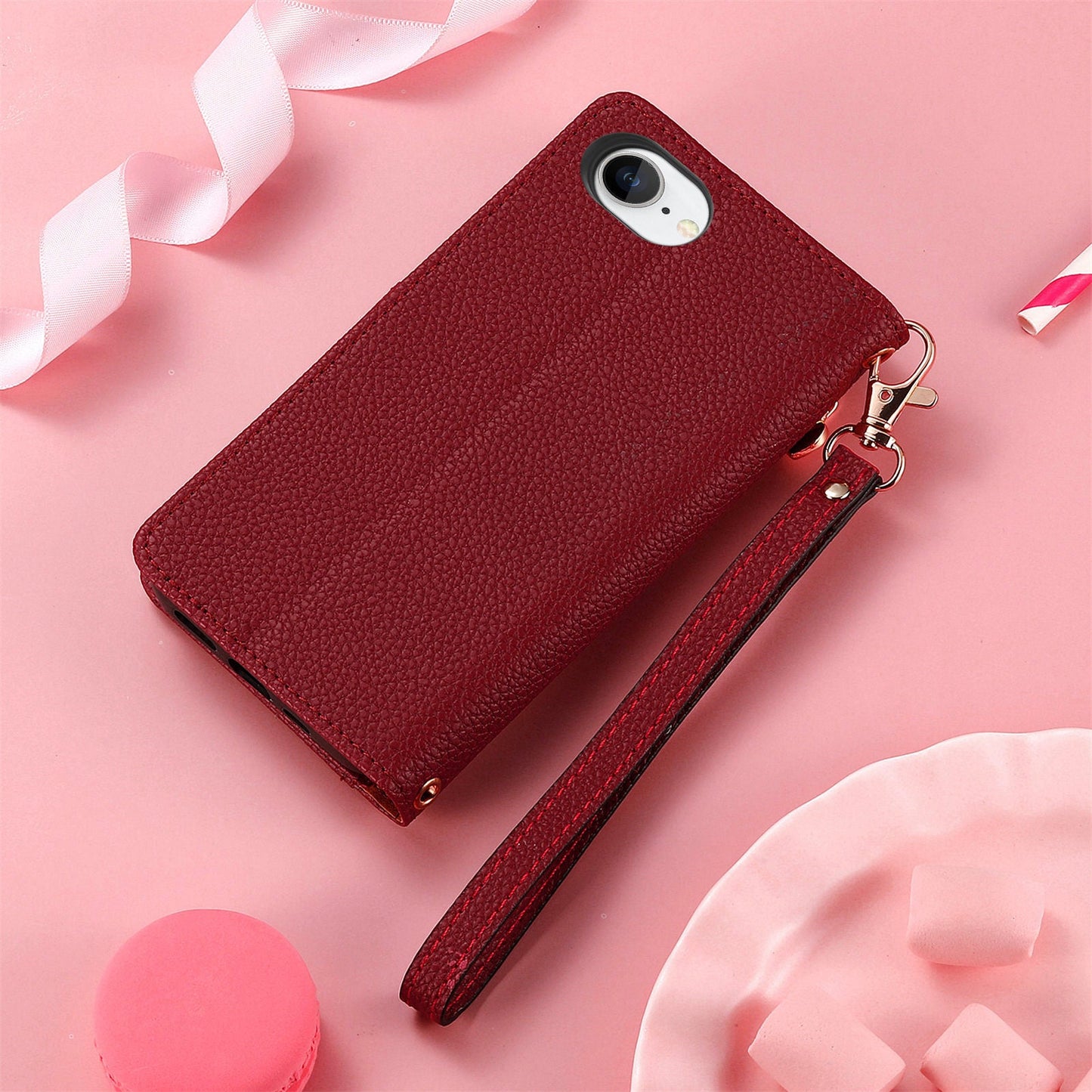 For iPhone 16e Case RFID Blocking Zipper Pocket Leather Wallet Phone Cover - Red