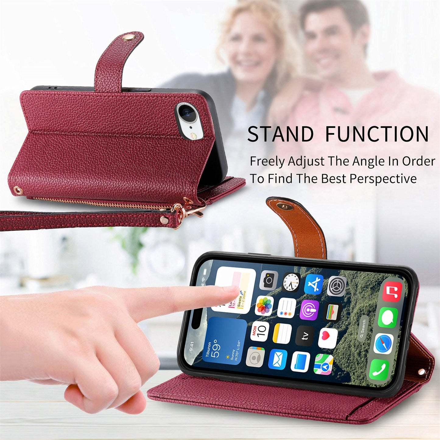 For iPhone 16e Case RFID Blocking Zipper Pocket Leather Wallet Phone Cover - Red