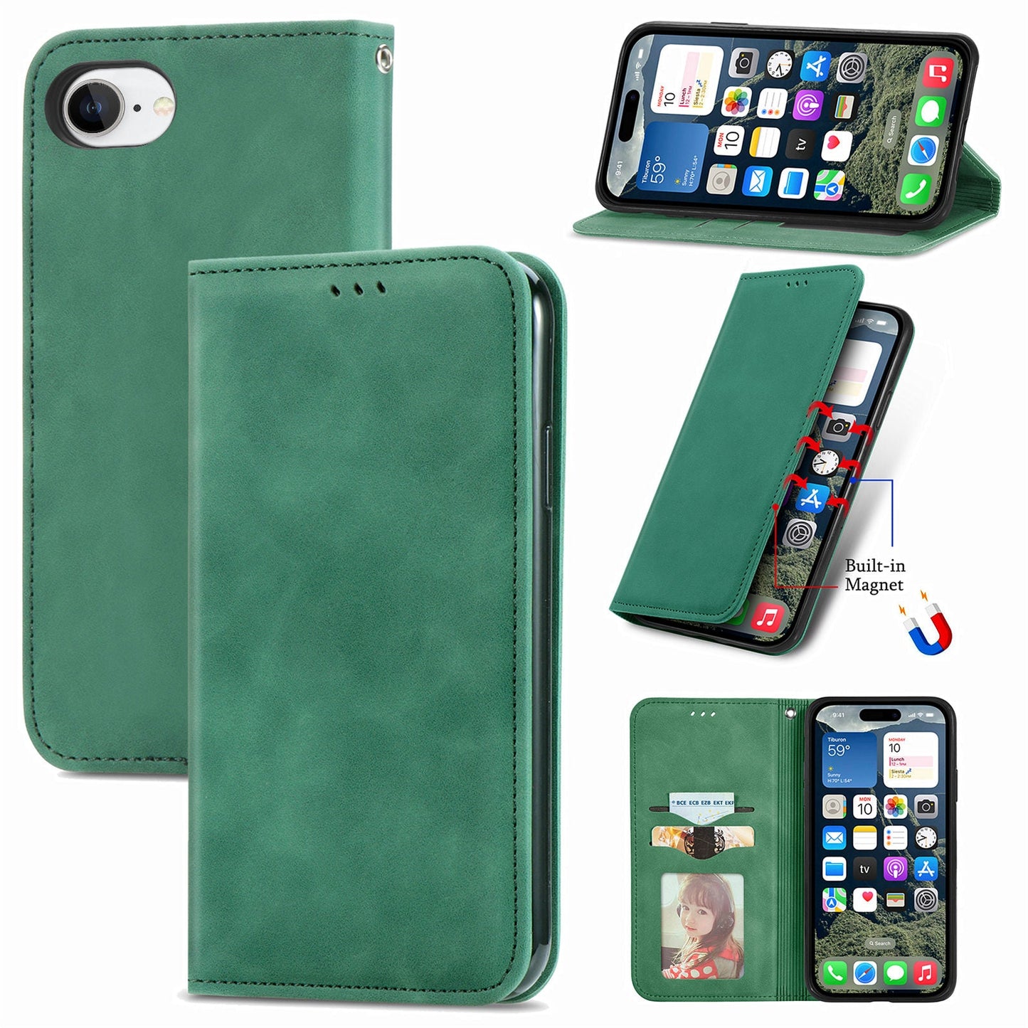For iPhone 16e Leather Case with Card Holder Magnetic Absorption Phone Cover - Green