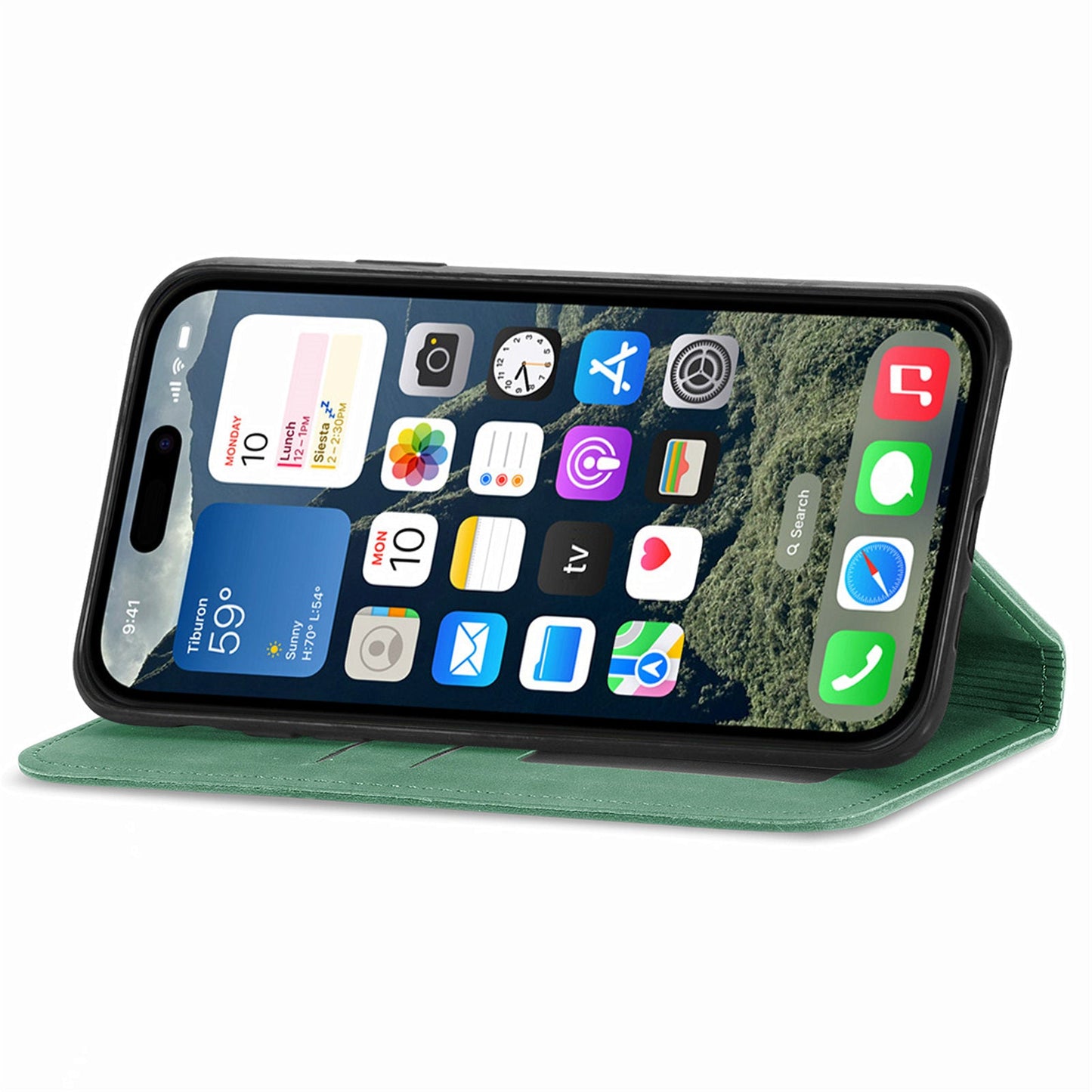 For iPhone 16e Leather Case with Card Holder Magnetic Absorption Phone Cover - Green