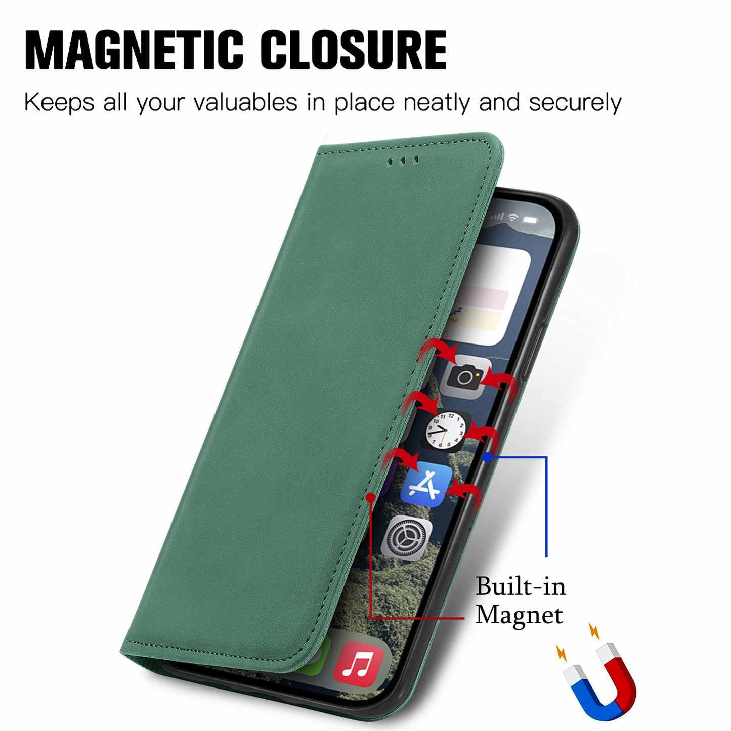 For iPhone 16e Leather Case with Card Holder Magnetic Absorption Phone Cover - Green