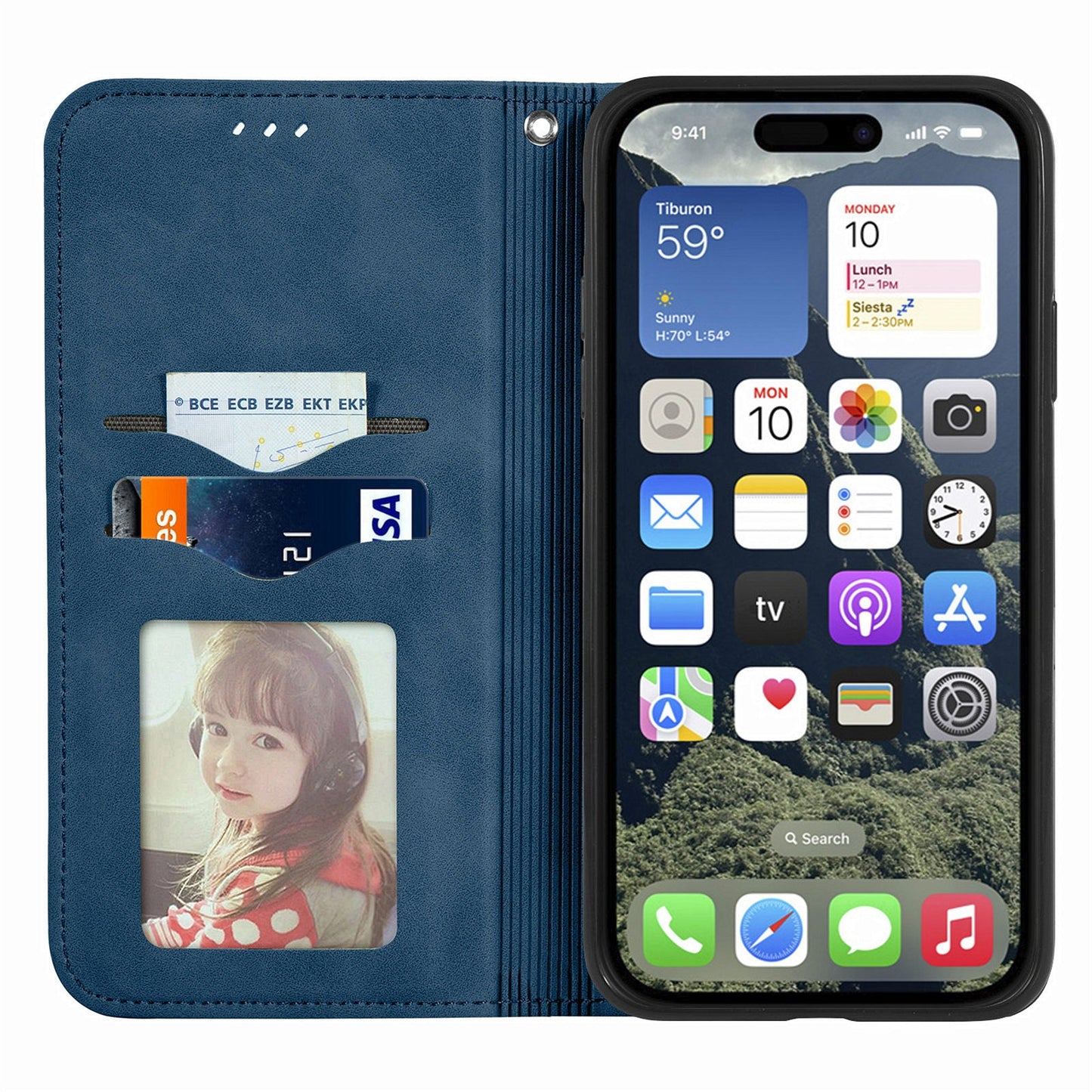 For iPhone 16e Leather Case with Card Holder Magnetic Absorption Phone Cover - Dark Blue