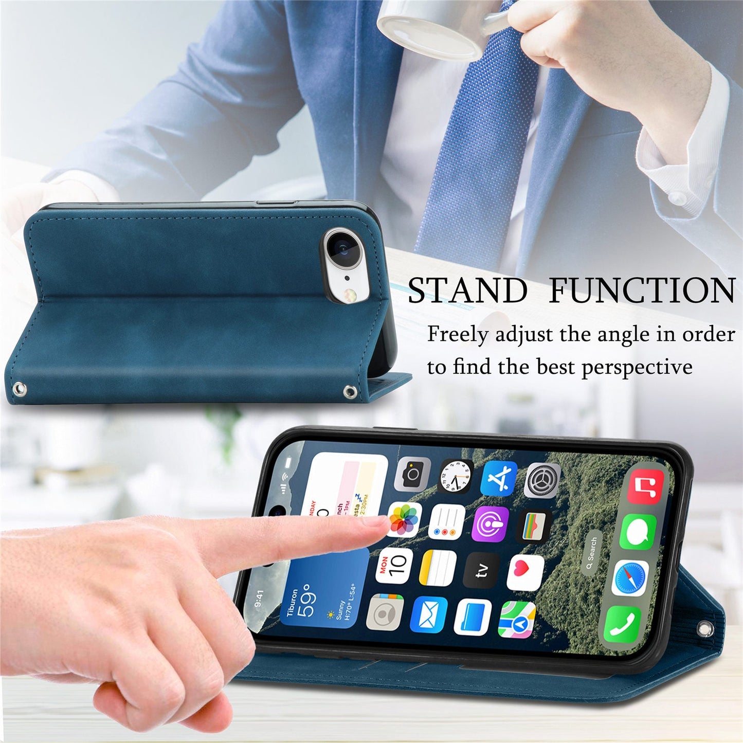 For iPhone 16e Leather Case with Card Holder Magnetic Absorption Phone Cover - Dark Blue