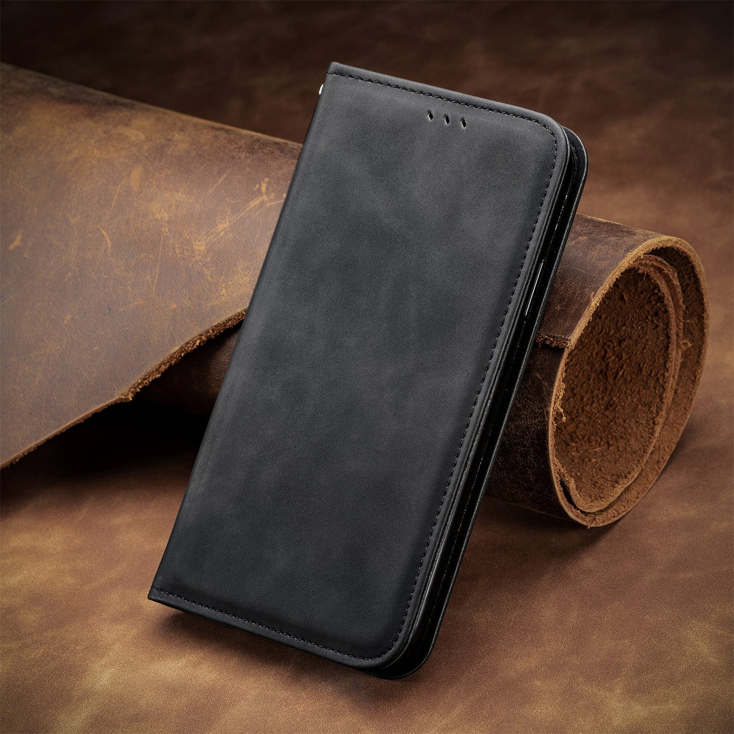 For iPhone 16e Leather Case with Card Holder Magnetic Absorption Phone Cover - Black