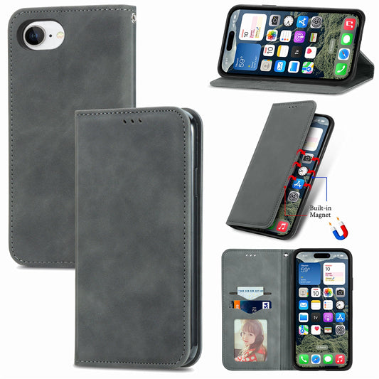For iPhone 16e Leather Case with Card Holder Magnetic Absorption Phone Cover - Grey