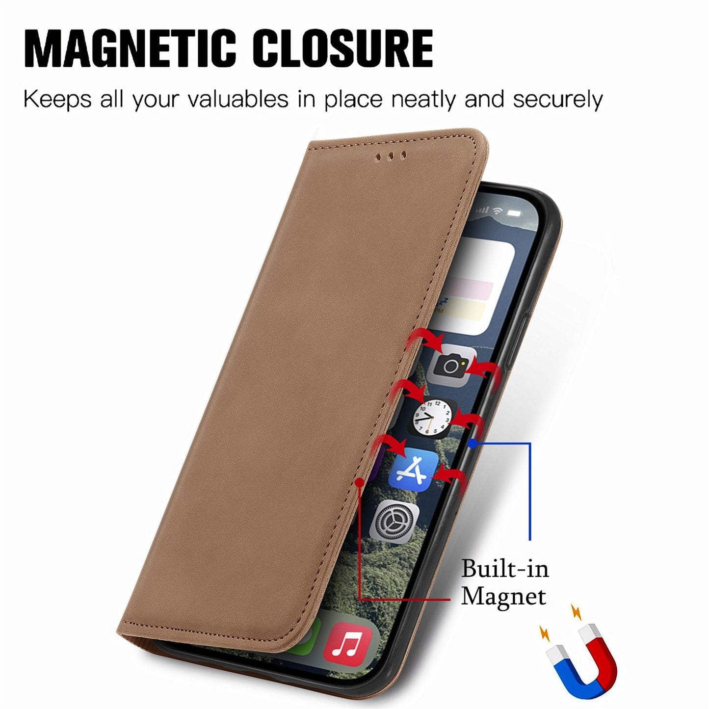 For iPhone 16e Leather Case with Card Holder Magnetic Absorption Phone Cover - Brown