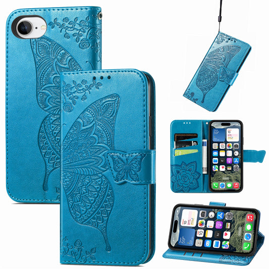 For iPhone 16e Case with Strap Butterfly Pattern PU Leather Wallet Phone Cover - Blue